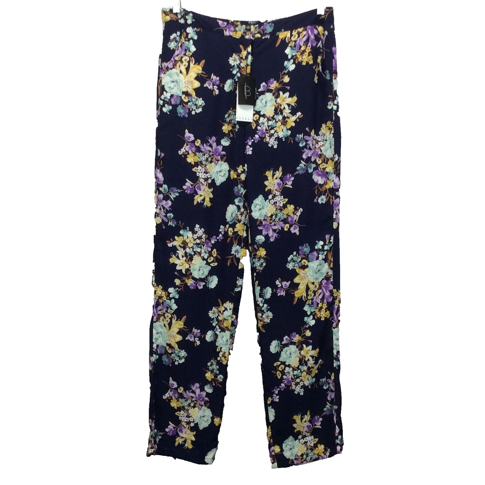 Bobeau Casual Pants Women's Size L Blue/Purple Floral Lined Pockets Lightweight